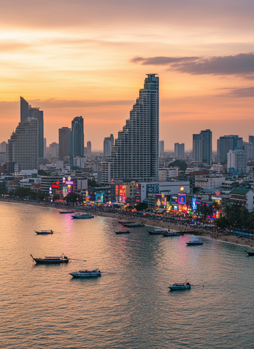 Pattaya Thailand city skyline at sunset