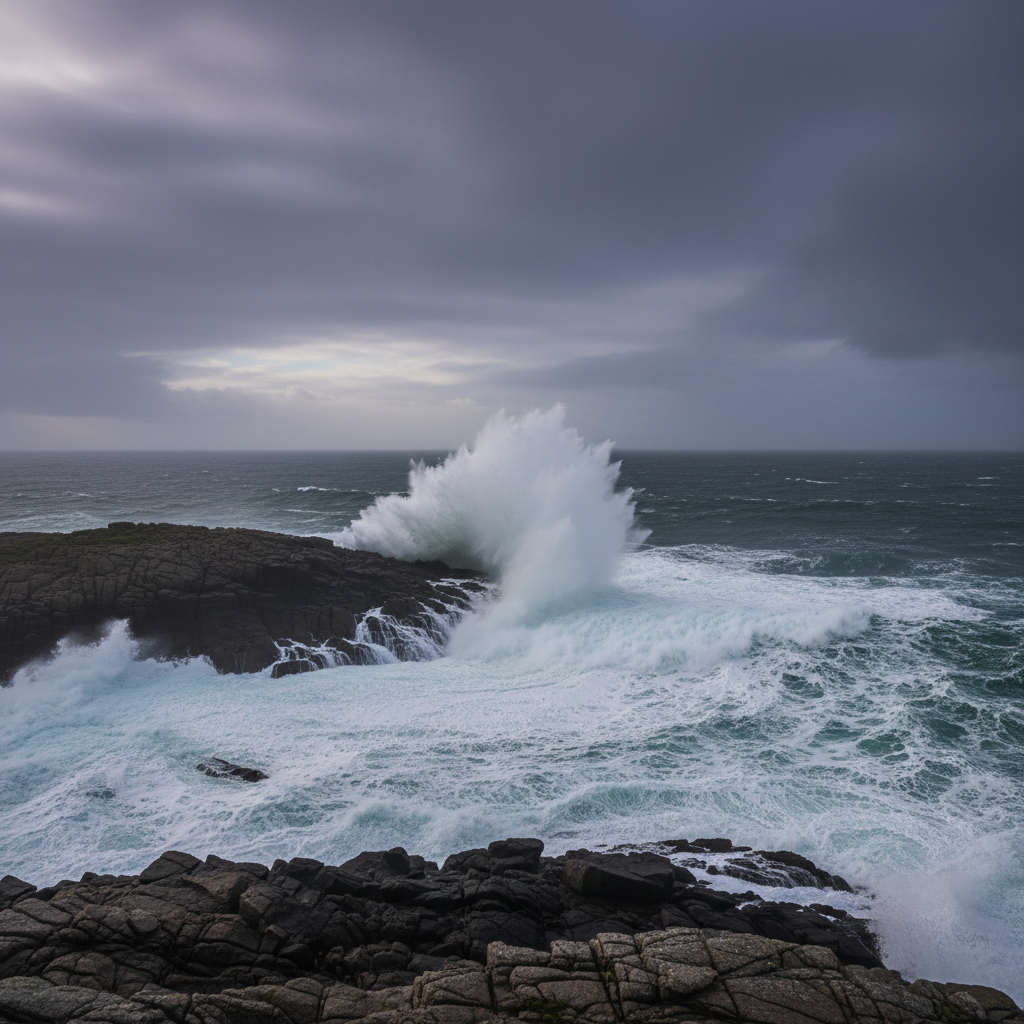 North Atlantic ocean waves crashing against rocky cliffs