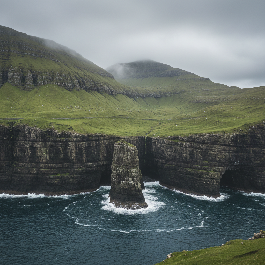 North Atlantic coastline with dramatic cliffs and green hills